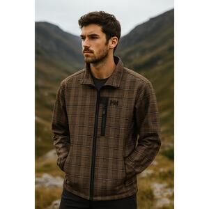 Helly Hansen Men's Windbreaker Jacket‎ Olive Green Black Plaid Zip Front M